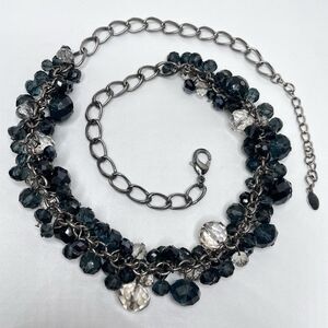 Aldo Gunmetal Dark Blue White Glass Cha Cha Beaded Necklace Boho Fashion